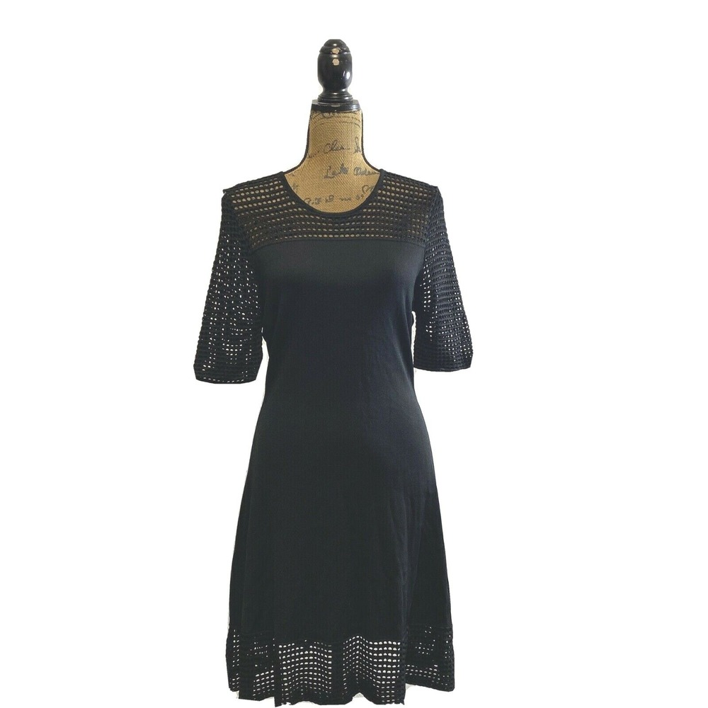 Nanette Lepore Dress LARGE P‎ Black Knit See Through Mesh A Line Stretch Party